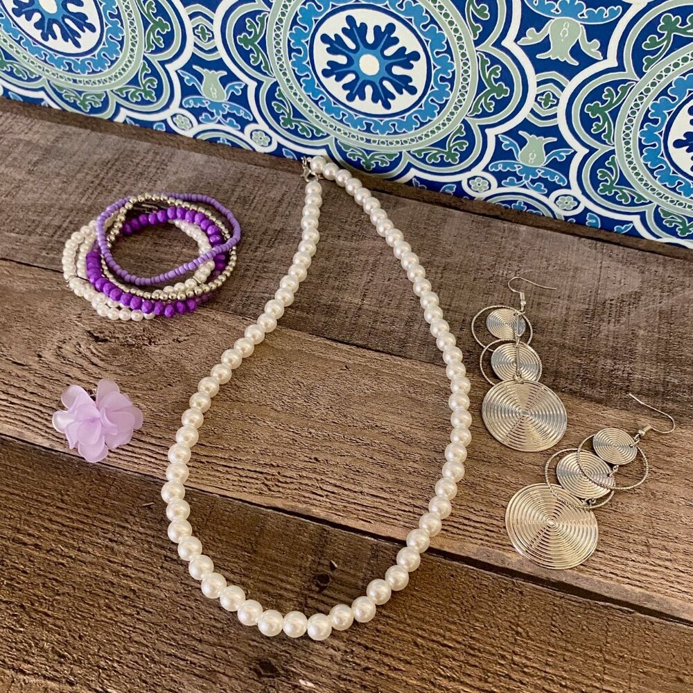 Pearl Necklace Disk Sliver Earring Purple Flower Ring Purple Multi Bead Bracelet